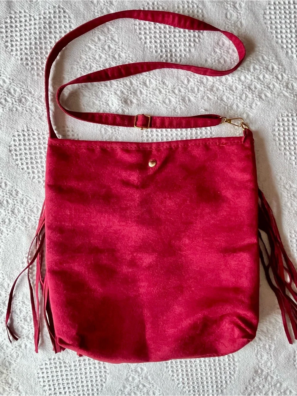 Vegan Suede Bright Red Soft Fringed Hobo Shoulder Bag with Long Adjustable Strap